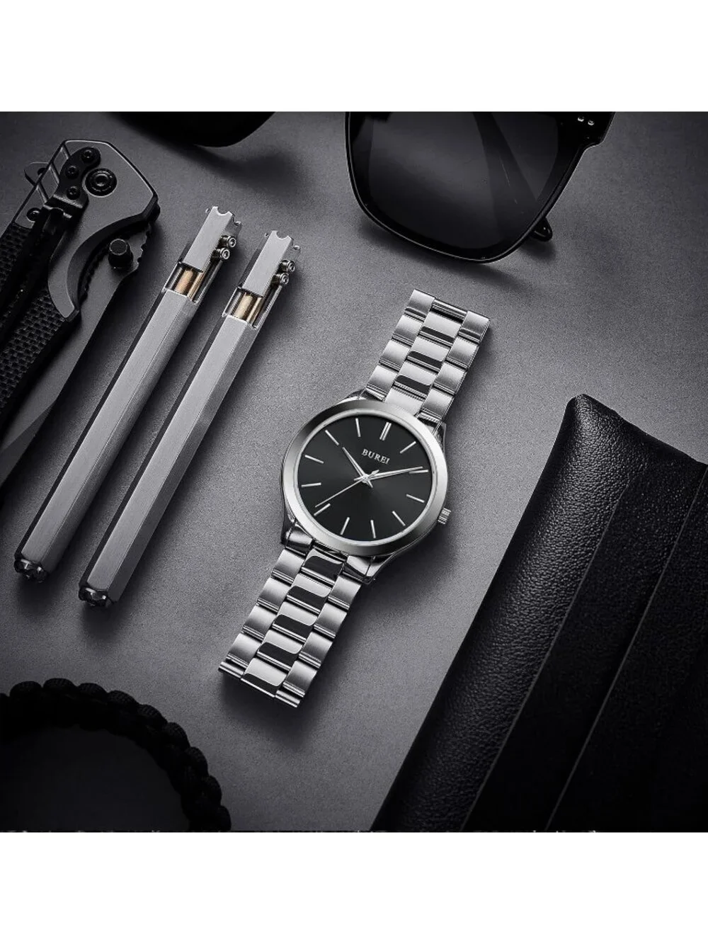 Men's Silver Black Analog Quartz Stainless Steel Waterproof Round Luxury Watch